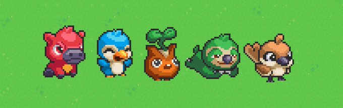 Five pixel-art bird characters in red, blue, brown, green, and tan costumes are lined up against a bright green background.