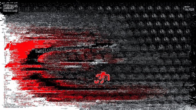 An abstract grungy image with red and black textures, digital noise patterns, and the word 'THEM' in stylized red letters.