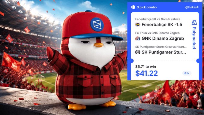 A penguin mascot in a red plaid shirt and cap standing in a stadium with a Polymarket betting slip showing a '3 pick combo' featuring Fenerbahçe SK, GNK Dinamo Zagreb, and SK Puntigamer Sturm Graz matches, with $6.71 to win $41.22.