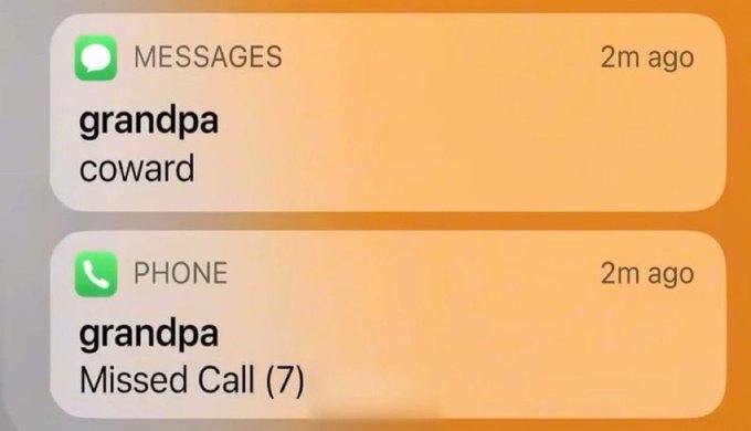 The image shows a post with a message from Grandpa Coward that reads "Two generations of missed calls", indicating multiple missed calls over time. This has prompted one person, presumably a friend or family member, to purchase Bitcoin at a cost of $64K and is now worth almost double its original value due to inflation. The relative age of the Bitcoin can be calculated by dividing the current value by the initial price in Bitcoins, which would be approximately 0.73 years.