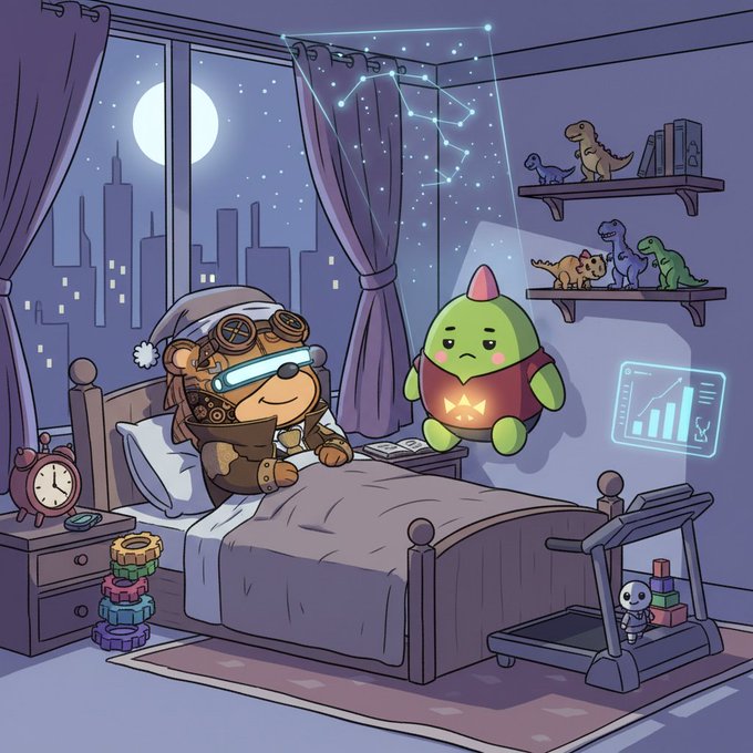 An illustrated scene of a steampunk-style bear character sleeping in bed at night with a small green creature beside it, set in a room featuring dinosaur toys, a constellation projector, a treadmill, and a city skyline visible through the window.