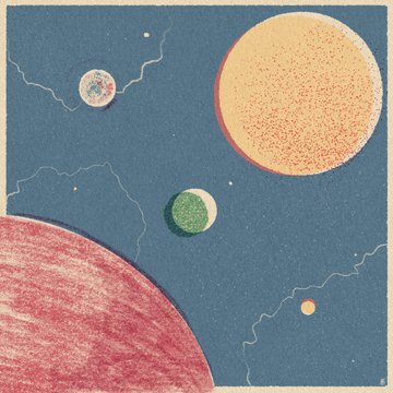 A textured, grainy illustration of a cosmic scene featuring colorful planets—a large peach-colored sphere, a red planet, a green moon, and smaller celestial bodies—set against a deep blue background with delicate line work suggesting constellations. The dreamy, otherworldly aesthetic complements the artistic NFT collection being promoted, evoking the "long distance" theme by suggesting vast, beautiful spaces between worlds.
