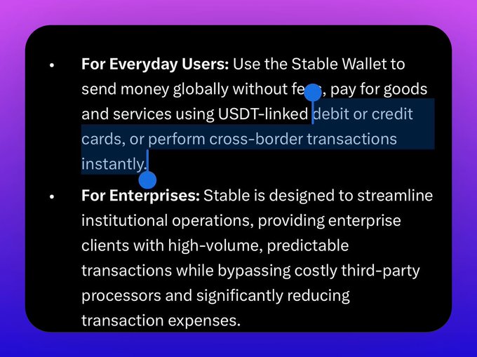 Text describing a 'Stable Wallet' for everyday users and enterprises, highlighting USDT-linked debit/credit cards and cross-border transactions.