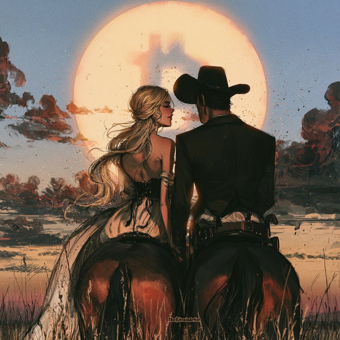 An illustrated artwork showing a cowboy and a blonde woman on horseback silhouetted against a large full moon, credited to 'TheElvenArtist'.