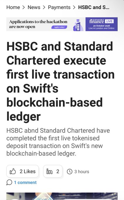 A news article screenshot with the headline "HSBC and Standard Chartered execute first live transaction on Swift's blockchain-based ledger," detailing how the two banks completed the first live tokenized deposit transaction on Swift's new blockchain-based ledger. The post relates by highlighting this milestone as Swift's blockchain ledger now moving live bank money, with Chainlink CCIP mentioned as part of the institutional messaging and orchestration infrastructure.