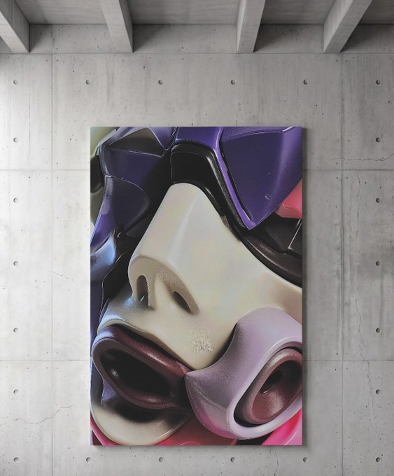 A close-up portrait artwork of a stylized, futuristic female character with large sunglasses, an angular white face, and prominent pink lips, displayed as a canvas on a concrete wall.