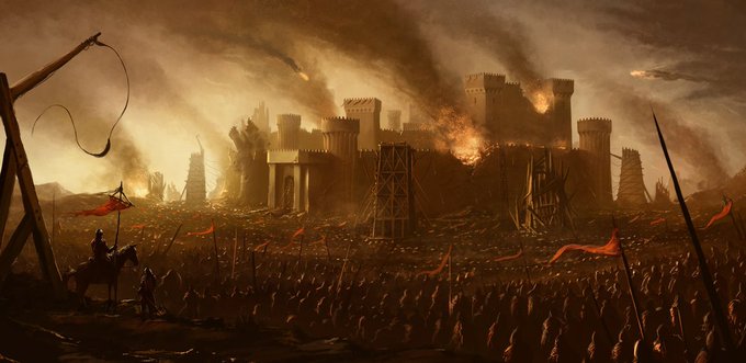 A dramatic fantasy battle scene depicting an army attacking a castle with fire and smoke, reminiscent of Game of Thrones.