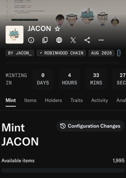 A dark-themed interface for a project called 'JACON' on the 'ROBINHOOD CHAIN', displaying a mint countdown timer and statistics for Minting, Days, Hours, Mins, and Secs.