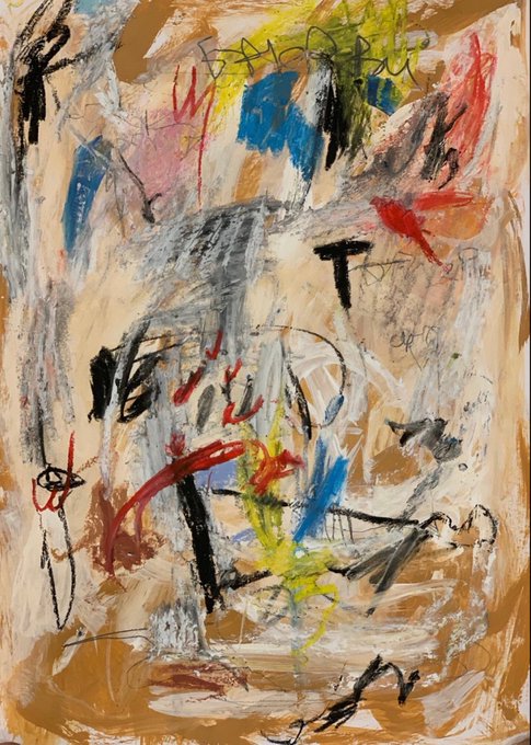 An abstract expressionist painting features chaotic, gestural brushstrokes in shades of beige, brown, white, blue, red, yellow, and black across a textured surface.