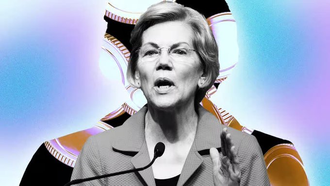 Senator Elizabeth Warren is shown speaking at a podium, her image overlaid with stacks of coins, visually representing her role in the recent wave of crypto crackdowns and calls for regulatory probes into Trump's $636M memecoin profits.