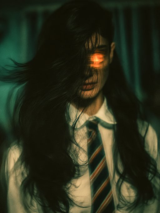 A moody, artistic portrait shows a person with long dark hair wearing a white shirt and striped tie, with an orange light flare illuminating their eye area.