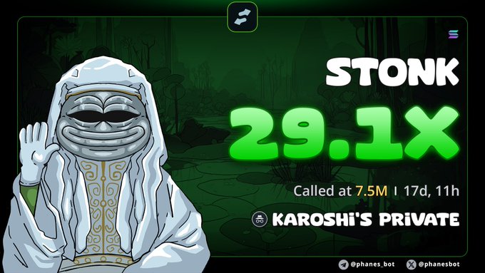 A promotional graphic for a crypto token called STONK showing '29.1X' returns called at 7.5M, featuring a cartoon character with a stone-like face in a white hooded robe, branded as 'KAROSHI'S PRIVATE' by @phanes.bot.