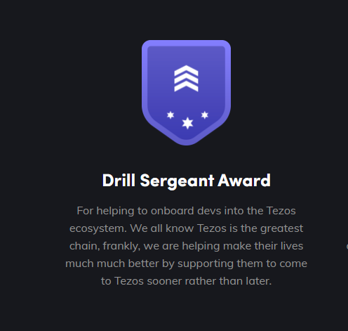 A digital badge with a purple shield emblem and stars, titled "Drill Sergeant Award" for helping onboard devs into the Tezos ecosystem.