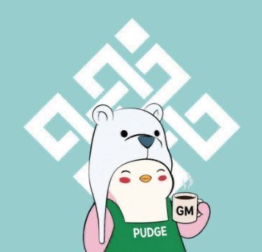 A cartoon penguin mascot wearing a white bear hat and green shirt labeled 'PUDGE' holds a steaming 'GM' mug in front of a white geometric logo on a light blue background.