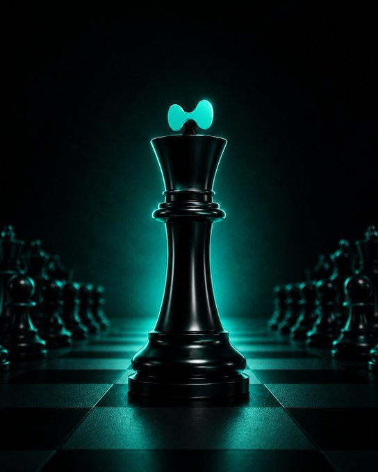 A digital artwork of a large, glossy black chess king piece standing on a chessboard, illuminated by an eerie teal light with blurred black pawns lined up in the background.