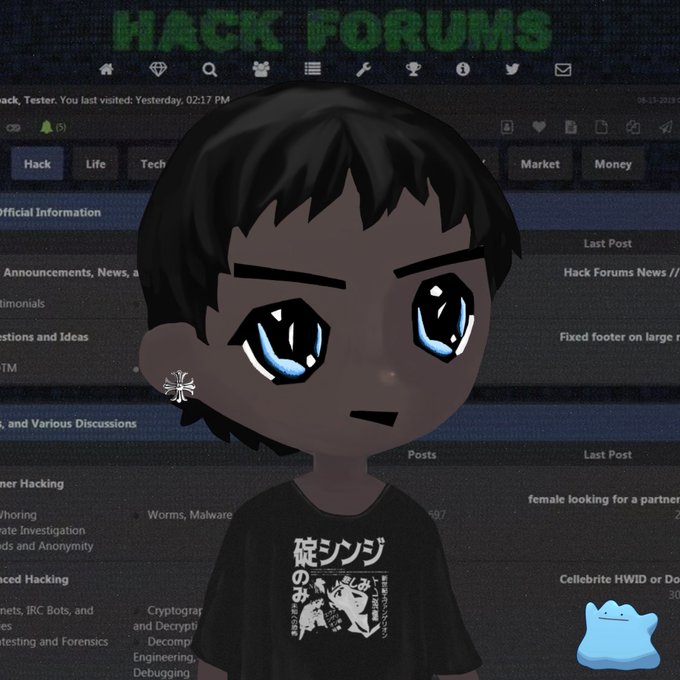 An avatar or illustration of a person with large anime-style eyes and short dark hair wearing a t-shirt with Japanese text, displayed in front of a dark background resembling a 'HACK FORUMS' website.