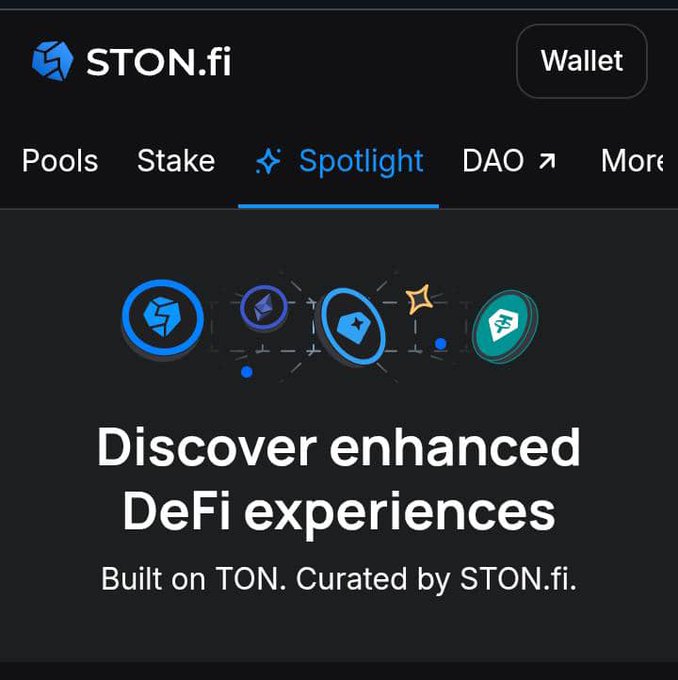 A mobile app screenshot of the STON.fi interface, highlighting the "Spotlight" tab with the text "Discover enhanced DeFi experiences - Built on TON. Curated by STON.fi."