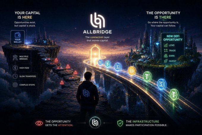A promotional graphic for 'ALLBRIDGE - The connection layer that moves capital' showing a fantasy landscape with text 'YOUR CAPITAL IS HERE', 'THE OPPORTUNITY IS THERE', and various DeFi icons like lend, trade, earn, and invest.