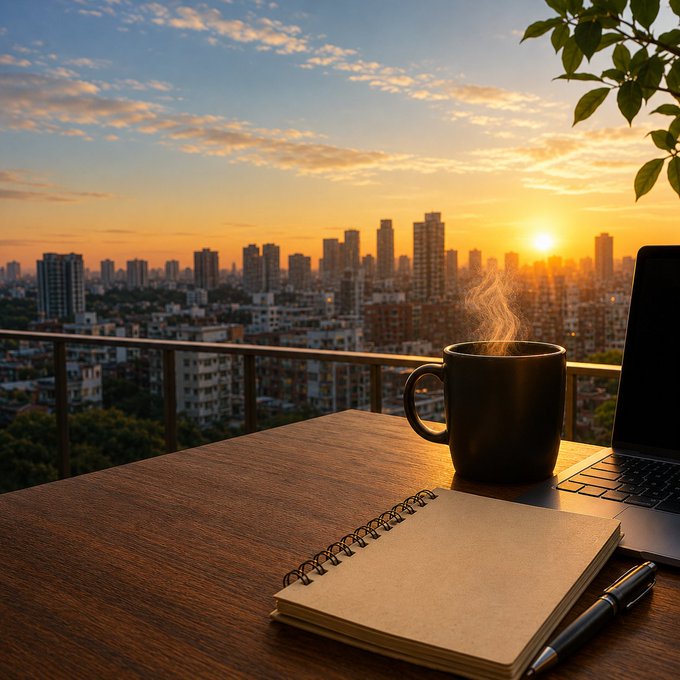 A serene scene of a wooden desk on a balcony overlooking a city skyline at sunset, with a steaming cup of coffee, an open spiral notebook, a pen, and a laptop.