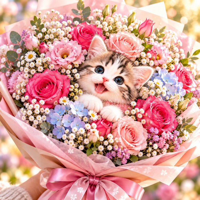 A cute kitten with blue eyes nestled inside a bouquet of pink and blue flowers wrapped in pink paper with a ribbon.