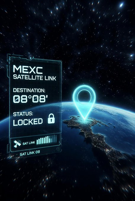 A futuristic space scene showing Earth from orbit with a glowing location pin and a holographic panel reading 'MEXC SATELLITE LINK - DESTINATION 08°08' - STATUS LOCKED'.