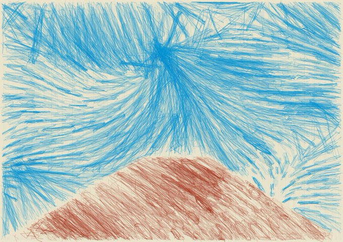 An abstract sketch on cream paper featuring a red triangular mountain shape beneath swirling blue lines radiating outward from a central starburst.