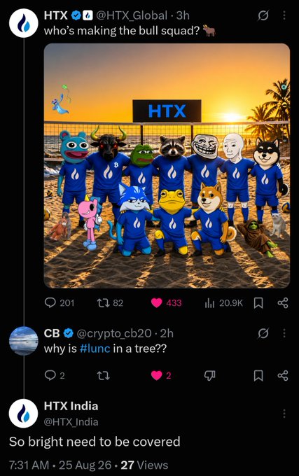 The image shows an HTX social media post featuring cartoon mascot animals in blue jerseys posing as a "bull squad" on a beach at sunset, with a user comment responding to a joke about "#lunc" being in a tree. The playful beach scene with bright sunset colors relates to the post's excitement about a new t-shirt design, with the commentator joking that the brightness will need sunglasses to handle.