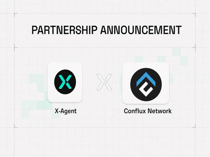 A 'PARTNERSHIP ANNOUNCEMENT' graphic featuring the logos of X-Agent and Conflux Network with an 'X' between them.