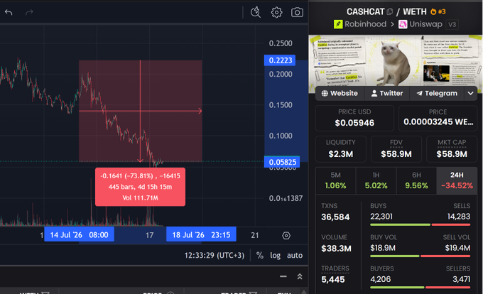 A trading chart shows CASHCAT (CASHCAT/WETH) on Uniswap v3 down -73.81% from $0.1641 to $0.05825, with a market cap of $58.9M and 24-hour decline of -34.52%, illustrating the 75% correction the post recommends buying.