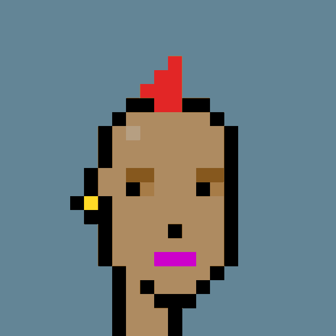 A pixel art portrait of a person with tan skin, a yellow earring, pink lips, and a red mohawk against a solid gray-blue background.