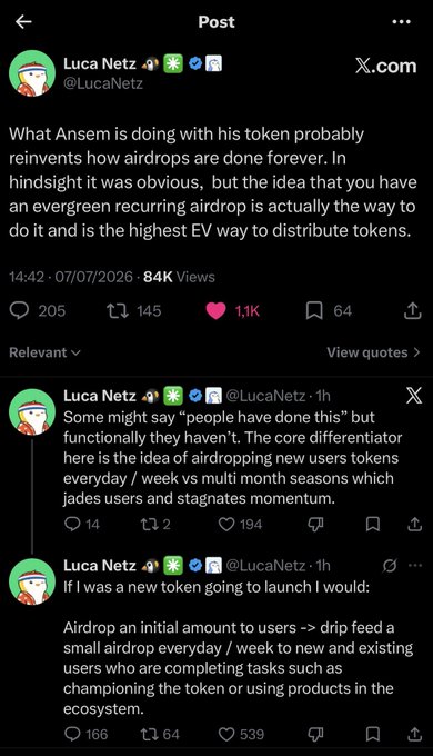 A screenshot of a post by Luca Netz (@LucaNetz) from July 7, 2026, with 84K views, arguing that recurring airdrops reinvent token distribution by drip-feeding small amounts daily or weekly to active users rather than one-time large distributions, with replies suggesting new tokens should airdrop initial amounts and then continuously reward users completing ecosystem tasks.