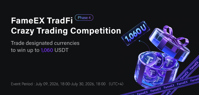 A promotional banner for the 'FameEX TradFi Crazy Trading Competition - Phase 4' offers prizes up to 1,060 USDT, featuring 3D illustrations of gift boxes and USDT tokens.