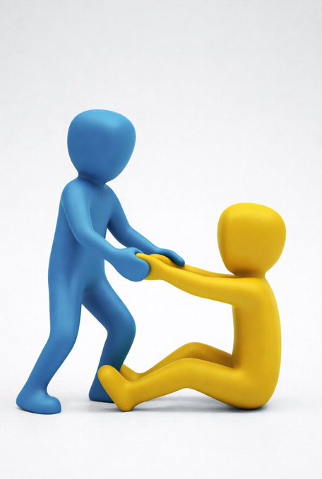 A 3D rendering of two stylized human figures, one blue and one yellow, against a light gray background, with the blue figure helping to pull the seated yellow figure up.