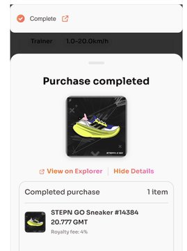 A mobile screenshot confirms a completed purchase of the "STEPN GO Sneaker #14384" (Genesis Trainer #14384) for 20.777 GMT with 4% royalty fee, visually showcasing the black and neon yellow Adidas sneaker NFT acquired on Mooar as highlighted in the post.