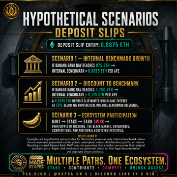 An infographic titled 'HYPOTHETICAL SCENARIOS - DEPOSIT SLIPS' detailing an Ethereum (ETH) staking token with three scenarios: Internal Benchmark Growth, Discount to Benchmark, and Ecosystem Participation, noting deposit slip entry of 0.0675 ETH.