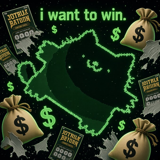 A promotional graphic featuring a pixelated green dollar-sign bull head with the text 'i want to win.' surrounded by money bags and lottery-style tickets labeled 'JOTRLX BATOLN'.
