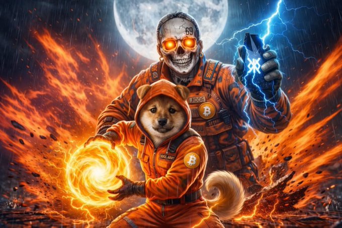 The image features a man dressed as a skeleton with a dog wearing an orange jumpsuit holding a fire ball, which appears to be glowing red. The background of the image shows a full moon and lightning bolts, creating a dramatic atmosphere. The caption "I BELIEVE IN $DOG" suggests that there is some sort of connection between the man in the skeleton costume and the dog's character.