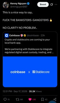 A screenshot of a tweet by Kenny Nguyen (@imnguyen017) criticizing the banking system with the text "FUCK THE BANKSTERS-GANGSTERS" alongside a quote-tweet of Coinbase announcing a partnership with Stablecore for stablecoin and regulated digital asset custody. The image appears to comment on traditional banking vs crypto adoption, though it doesn't directly reference SBI or Ripple's Yoshitaka Kitao mentioned in the caption.