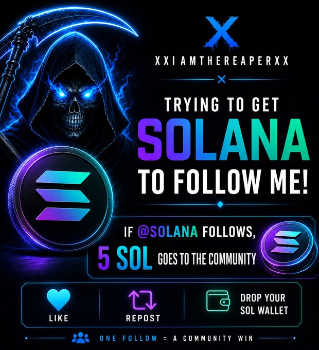"Day 12 of asking @solana for the follow. Should I give away 5 SOL if @solana follows me? If it happens, 5 SOL goes straight back to the community Like + Repost + Reply with your wallet below Kick: kick.com/xxiamthereaper".