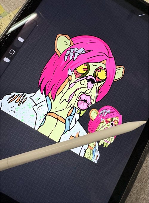 A digital drawing on a tablet of a green-skinned, zombie-like character with pink hair in a white shirt, shown alongside a smaller version of the same character, with a white stylus resting on the screen.