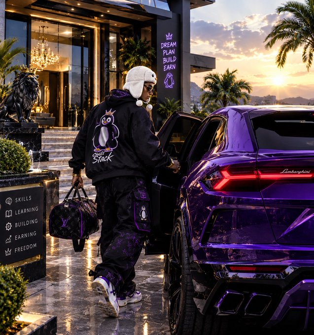 A person wearing a penguin-themed hat, purple and black 'Stack' hoodie, and matching pants walks toward a purple Lamborghini, carrying an LV bag, near a mansion entrance with a 'DREAM PLAN BUILD EARN' neon sign and a 'SKILLS LEARNING BUILDING EARNING FREEDOM' plaque.