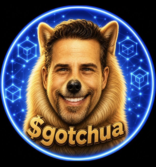 The image features a man's face with an anthropomorphized dog-like appearance, inside of which there are blue cubes that look like Gochua figures. This artwork resembles a meme or a cartoon style illustration. The image is surrounded by blue neon lights in the form of blocks and squares, creating a visually appealing design that captures attention. A caption related to the image reads: "Most people will discover $GOTCHUA after it'S already trending. The smart ones are getting involved while the story is still being written".