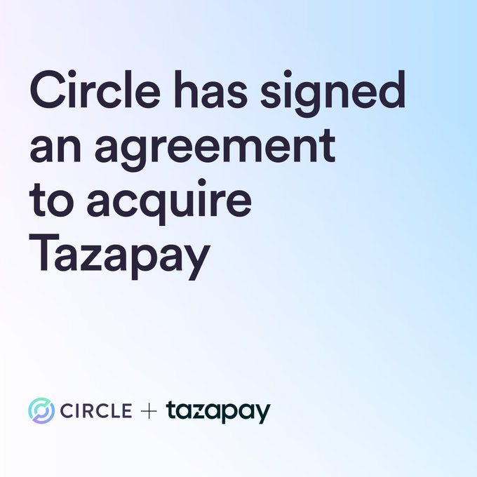 An announcement graphic on a light blue gradient background stating 'Circle has signed an agreement to acquire Tazapay,' with the Circle and tazapay logos at the bottom.