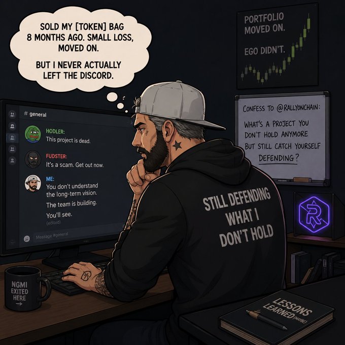 A bearded man in a hoodie reading "STILL DEFENDING WHAT I DON'T HOLD" sits at a desk with a Discord chat open, where a user named "ME" argues "You don't understand the long-term vision" while others call the project dead—a mug reads "NGMI EXITED HERE" beside a notebook labeled "LESSONS LEARNED (NONE)," capturing the irony of having moved on financially but never emotionally letting go of a former crypto investment.
