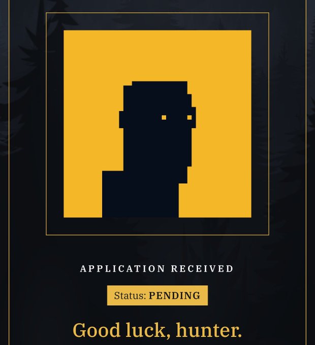 A pixelated silhouette of a person in yellow and black is displayed above the text "APPLICATION RECEIVED," "Status: PENDING," and "Good luck, hunter." This image relates to the post by confirming a submitted application to the project @BITFOOTS_ with a mysterious, gamified "hunter" aesthetic awaiting an approval status.