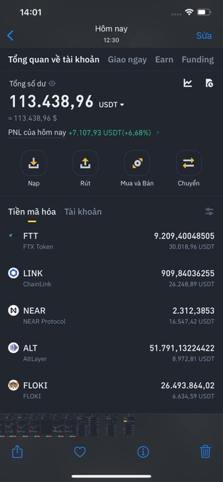 The image shows a cryptocurrency portfolio overview on a trading app, displaying a total balance of 113,438.96 USDT (+6.68% today), with crypto assets listed including FTT, LINK, NEAR, ALT, and FLOKI. This visual evidence supports the post's message of significant financial loss, showing remaining holdings after previously losing substantial savings on crypto investments.
