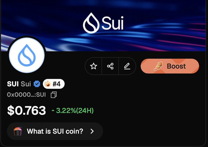 Screenshot of a Sui ($SUI) cryptocurrency page showing the token ranked #4 with a current price of $0.763 and a 3.22% gain over 24 hours, visually supporting the bullish sentiment expressed in the post.