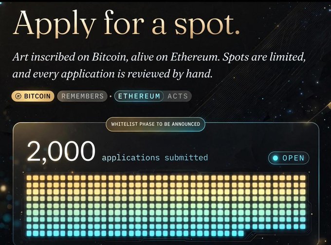 A recruitment page titled 'Apply for a spot.' with text 'Art inscribed on Bitcoin, alive on Ethereum. Spots are limited, and every application is reviewed by hand.' It shows 'BITCOIN REMEMBERS • ETHEREUM ACTS' tags and indicates 2,000 applications submitted out of 2,000, with status marked as 'OPEN' and a 'WHITELIST PHASE TO BE ANNOUNCED' badge.