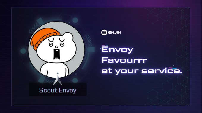 An Enjin promotional graphic featuring a cartoon character labeled 'Scout Envoy' with the text 'Envoy Favourrr at your service.' against a purple tech-themed background.