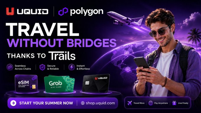 The image features a man holding his phone while standing next to an advertisement for travel services, specifically for Uquid Polygon. The advertisement promotes the idea of using cryptocurrency as payment for flights or other travel-related expenses. It suggests that the user can complete their purchase with any token from any wallet in one click and highlights the ease of use by stating "Trails by @0xPolygon handles the swaps, bridges, and gas-token hunt across 18+ blockchains". The man's smiling expression adds a positive vibe to the advertisement.